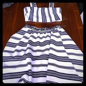 White and black stripe crop top midi skirt set